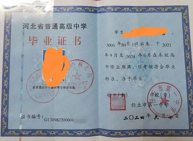 河源任丘市第一中学高中毕业证样本图片